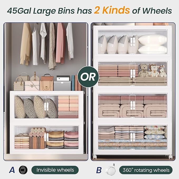 Atrasee 540QT Extra Large Stackable Storage Bins with Lid, 135Gal Collapsible Closet Organizer Box with Wheels, Folding Plastic Storage Cabinet with Doors for Home Bedroom Office Dorm, 3Pack White