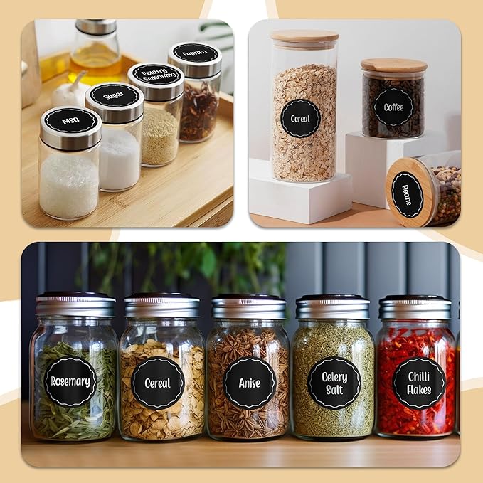 144pcs 1.5 Inch Preprinted Round Spice Jar Labels, Chalkboard Waterproof Oil Resistant, Kitchen Pantry Organization (Including 9 Blank Labels)