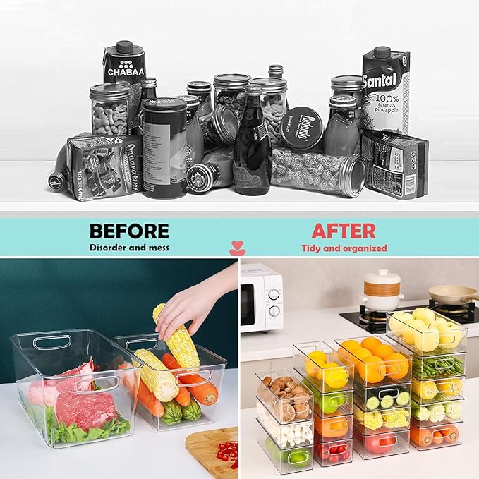 3 Pack Clear Plastic Storage Bins, Large Pantry Organizer Basket with Handle, BPA Free Storage Containers for Fridge, Closet, Bathroom, Under Sink and Kitchen Organization
