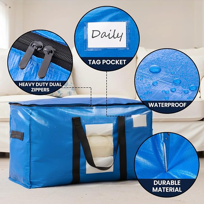 TAILI Extra Large Moving Bags, 4 Pack Blue Heavy Duty Totes For Storage with Visible Window, Wrap Around Handles, Storage Bags for Space Saving, Alternative to Moving Boxes