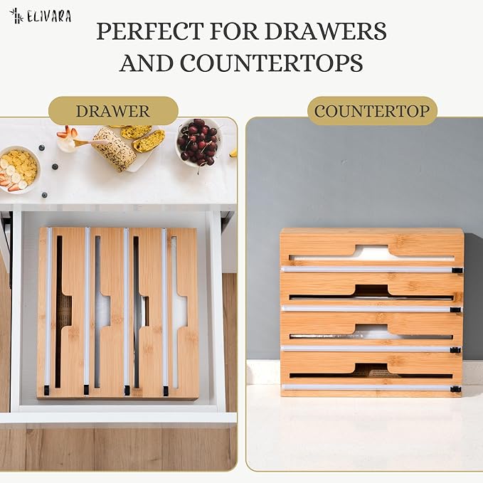 4-in-1 Bamboo Wrap Organizer with Cutter – Holds Plastic Wrap, Foil, Parchment & Paper Towels – Drawer or Countertop Use – Durable Bamboo Dispenser with Labels