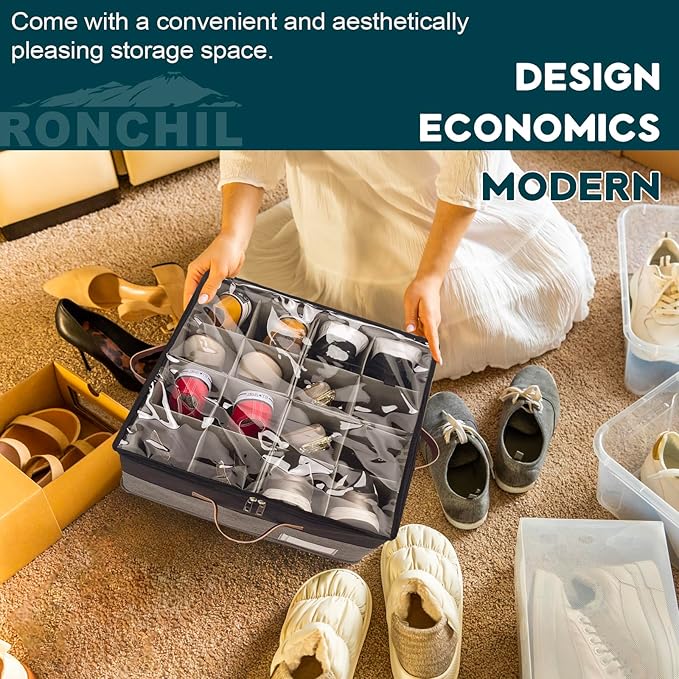 RONCHIL Shoe Organizer for Closet, Foldable Shoe Storage Bins with Clear Cover, Space Saving Shoes Holder with 4 Handles, Large Adjustable Shoe Box Storage Containers, Fits 8-16 Pairs, 2 Pack, Black