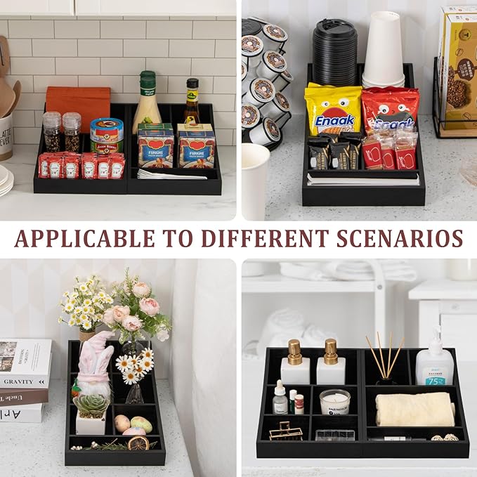 Coffee Station Organizer for Countertop, Condiment Service Organizer, Coffee Bar Supplies Caddy for Home, Office and Breakroom - Wooden, Black, 9 Compartment, Two-in-One