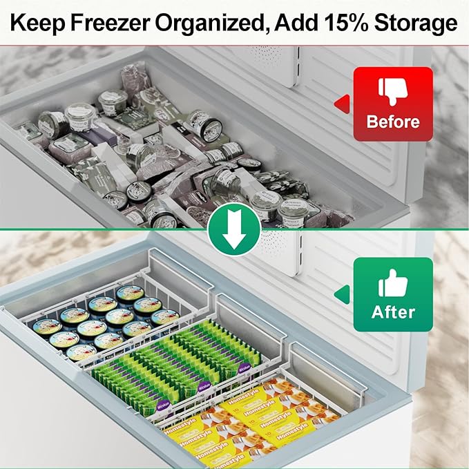 GSlife Freezer Organizer Bins - 2 Pack Expandable Freezer Bins for 10 to 20 Cu.Ft Chest Freezers, Hanging Wire Baskets Stop Digging & Maximize Top Storage Space, Sliding Deep Freezer Baskets, White