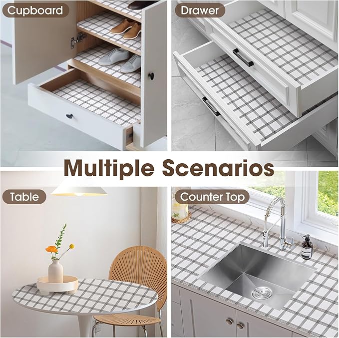 ALIUNI Drawer and Shelf Liner, Non-Slip Kitchen Cabinet Liners Non-Adhesive Thick Strong Grip Waterproof Washable Mats Protect Dresser Shelves Cupboard Bathroom Cabinets, White Stripes, 18IN X 10FT
