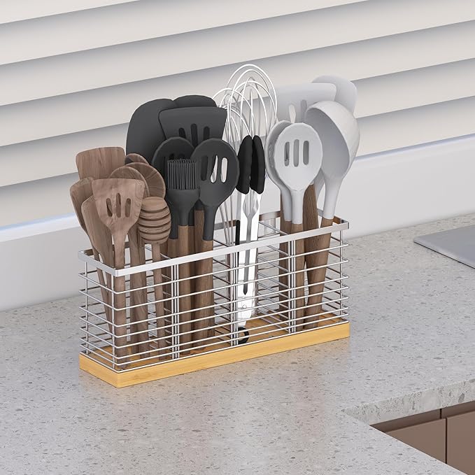 Suli Extra Large Kitchen Utensil Holder with 4 Compartments,Silvery Metal holder for Kitchen Countertop,Farmhouse Cooking Utensil Storage, Rustic Cooking Utensil