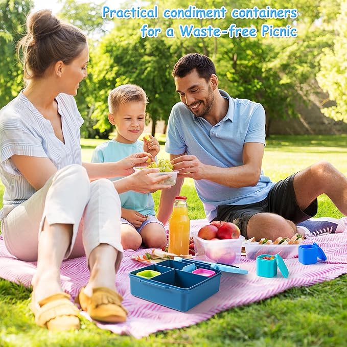 Ecurfu Silicone Dips Containers, 2x 4 oz Salad Dressing Container To Go, Condiment Container with Lids, Compatible with Most Bento Lunch Box (Blue/Green)