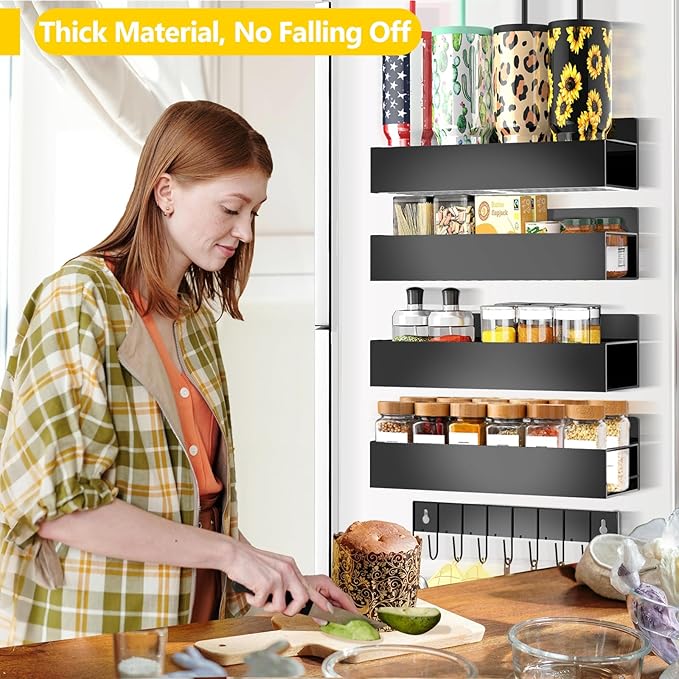 SMRCAD Magnetic Spice Rack for Refrigerator Seasoning Organizer for Spice Fridge Shelf storage Magnetic Shelf with Hook for Oven (4pack1hook-Black)
