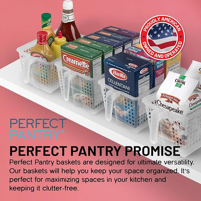 Handy Basket – Kitchen Discovery – Kitchen Pantry Organizers and Storage - Plastic Organizer Bins with Handles in Large Size for Chip Bags, Cake Mixes, Pasta, and Condiments