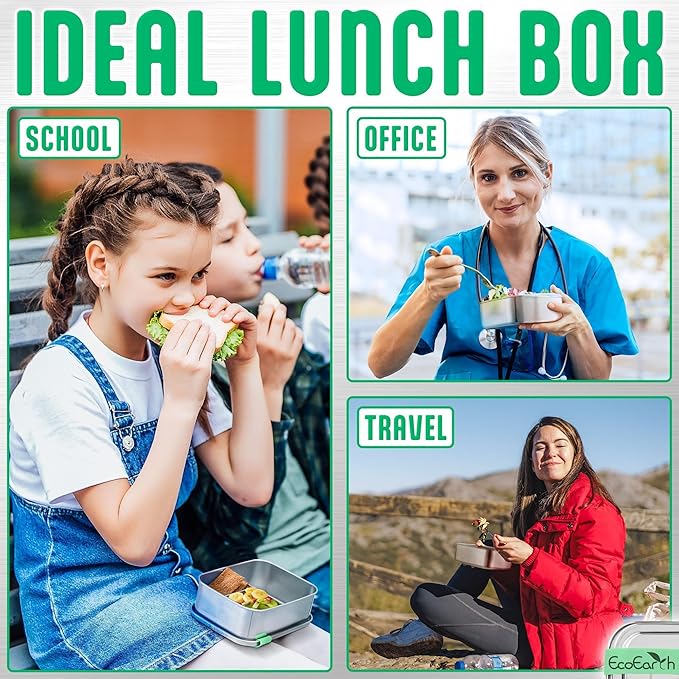 EcoEarth Stainless Steel Bento Box - 27 oz - Leakproof Metal Lunch Boxes for Adults with 3 Compartments - Small Tin Food Containers with Condiment Cups - Snack Box for Work - Green
