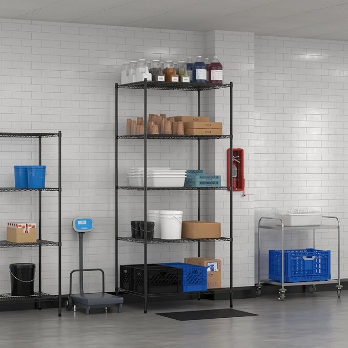 Commercial NSF Listed Black Epoxy Stationary Wire Shelving Kit 30" x 42" x 96", with 5 Shelves Perfect for Warehouse, Walk-in Refrigerator, Freezer, Grocery Store, Restaurant, Dishroom
