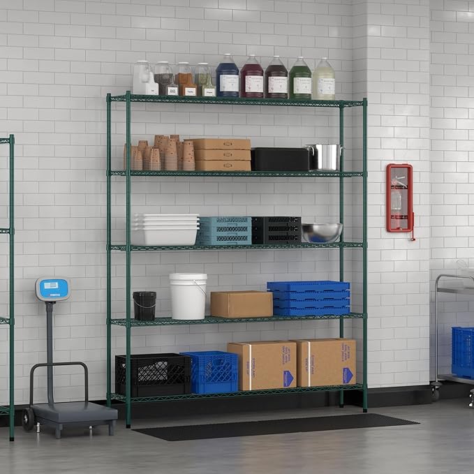 Commercial NSF Listed Green Epoxy Stationary Wire Shelving Kit 14" x 72" x 86", with 5 Shelves Perfect for Warehouse, Walk-in Refrigerator, Freezer, Grocery Store, Restaurant, Dishroom