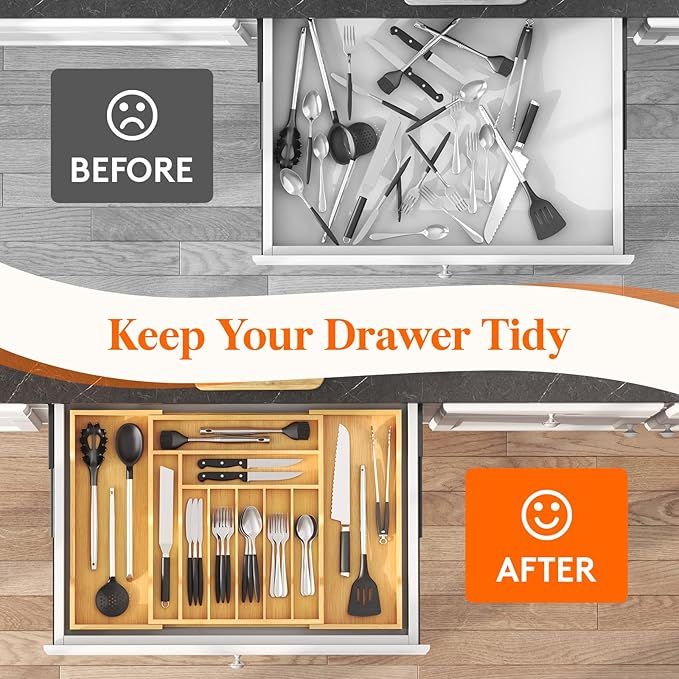 Lifewit Silverware Drawer Organizer, Expandable Utensil Tray for Kitchen, Bamboo Flatware and Cutlery Holder, Wood Adjustable Storage for Spoons Forks Knives, 17- 28 x 18.5", Natural