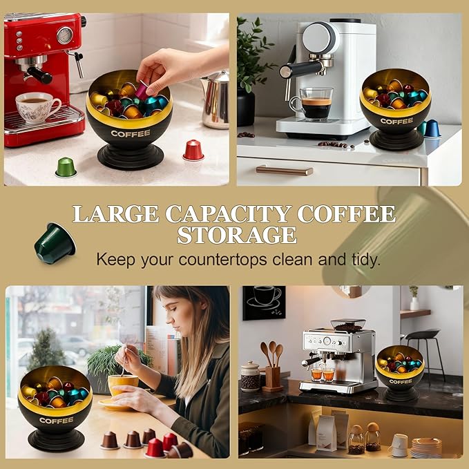 Coffee Pod Holder, Black & Gold Metal Coffee Pod Storage, Capsule Container Bowl, Coffee Pod Organizer for Kitchen Counter and Office Desktop (Black+Gold)