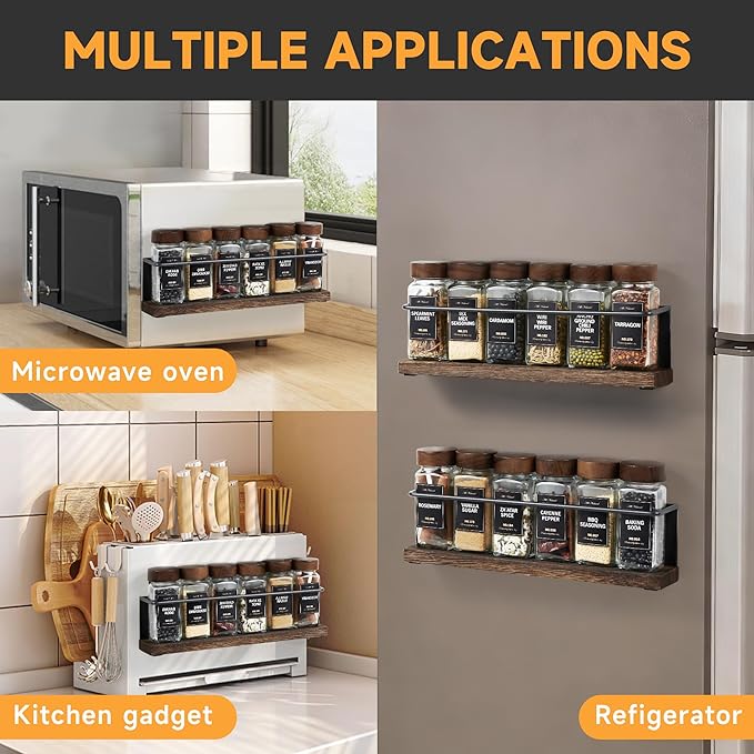 KitHero Wooden Lid Magnetic Spice Rack with 12 Jars, 216 Labels, 1 Steel Funnel for Refrigerator,Microwave Oven - Full Set of Spice Organizer