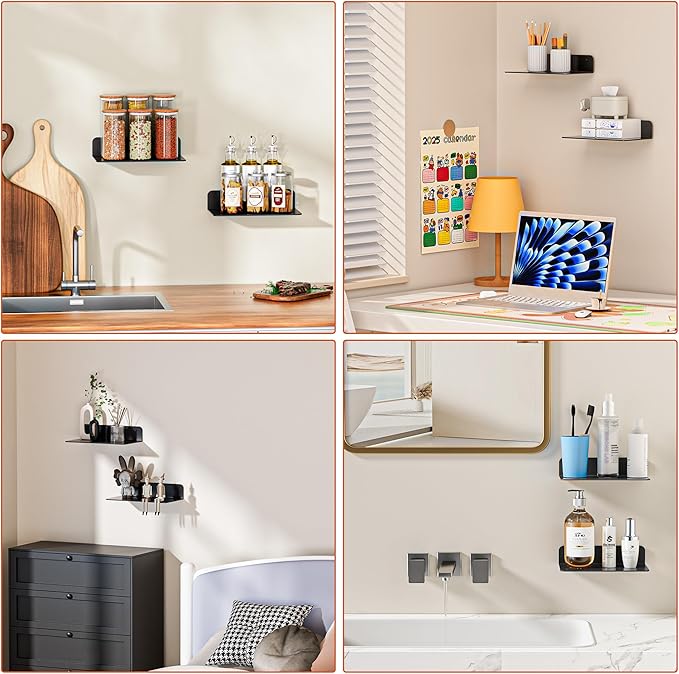 Small Adhesive Wall Shelves, 9" Metal Floating Shelf with Cable Hole, Display Ledge for Photo Frame, Figurine, Small Craft, Electronics, (Black, 2 Pack)