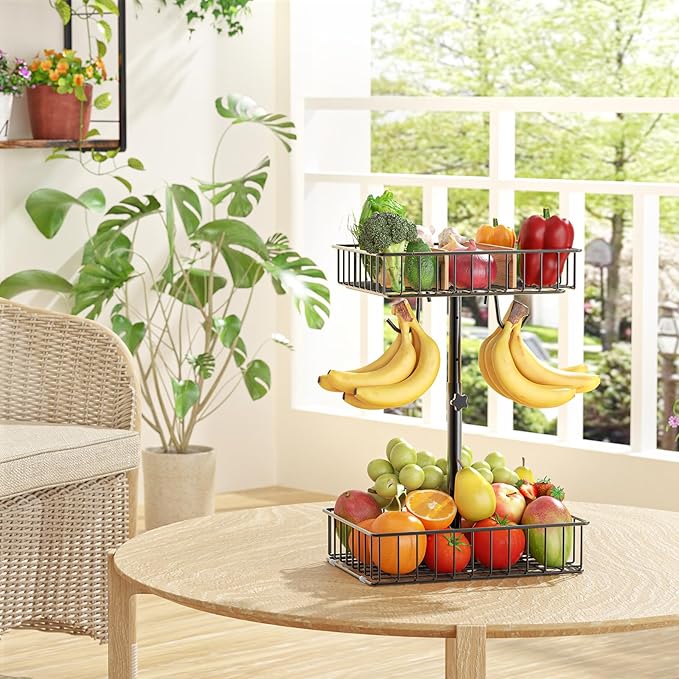 4-Level Adjustable Height Fruit Basket for Kitchen Countertop, 2-Tier Fruit Bowl with Removable Banana Hooks, Kitchen Organizer for Banana, Vegetable, and Snack Storage
