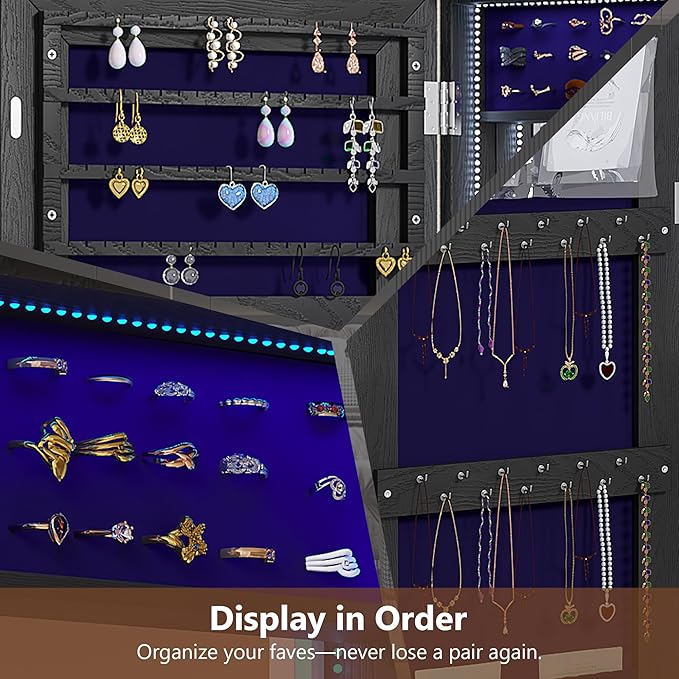 Over the Door Jewelry Organizer, 12 Hollywood Bulbs Hanging Jewelry Armoire with Full Length Mirror, 43.5" Lockable Large Storage Jewelry Cabinet for Girls/Women, (Wood grain black)