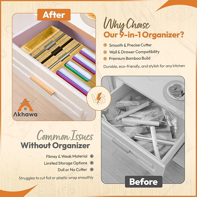 Storage Bag Organizer for Kitchen Drawer and Wall - 9 in 1 Baggie Organizer for Foil and Plastic Wrap with Cutter - Measure Drawer Height Before Purchasing