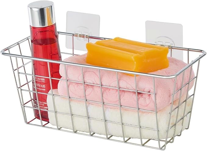 JUNCHU CHERRY 5 Pack Hanging Storage Basket, Bathroom Basket, Household Goods, with Traceless Tape, no Drilling, for Cabinet Storage, Kitchen, Bathroom, Storage Room,Chrome
