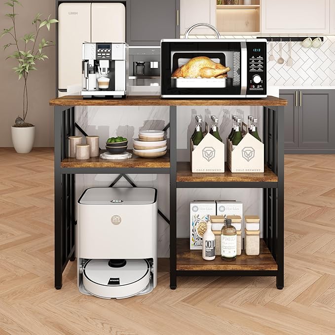 4-Tier Kitchen Baker's Rack with Power Outlet, Mini Fridge & Microwave Oven Stand Table, 5 Tiers Coffee Bar Table, 20-29-37 Gallon Fish Tank Stand, Kitchen Organizer Shelf for Spices, Pots and Pans.
