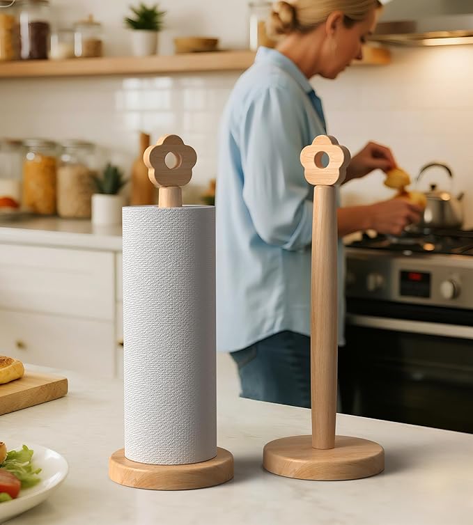 Cute Wooden Paper Towel Holder Stand - Kitchen Paper Hanger Rack Bathroom Towel Roll Stand Organizer Simply Standing Countertop Paper Roll Holder, Flower