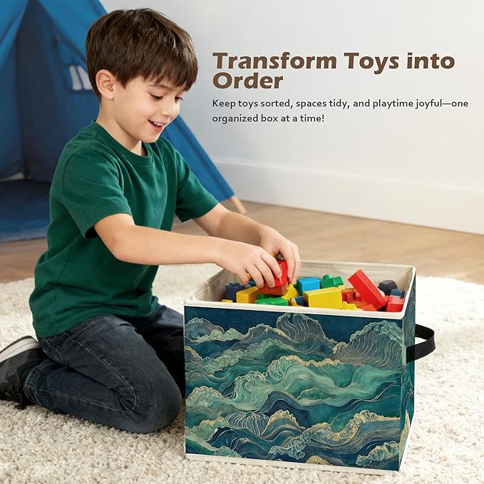 Abstract Waves Japanese Storage Box Bins, Blue and Green Oriental Japandi Collapsible Storage Basket Organizer for Bedroom Laundry Room Home Clothes Toys Books, Toybox for Kids