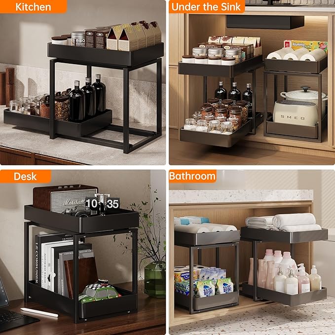 2 Tier Pull Out Cabinet Organizer with Sliding Basket Bathroom Cabinet Organizer, Bathroom Kitchen Multi-Purpose Under Sink Organizer and Storage Cabinet in Metal 1 pack