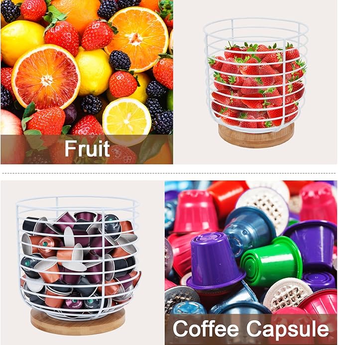 2pcs K Cup Holder Organizer - Coffee Pods Storage Organizer - Coffee Bar Accessories - Large Capacity Black Wire Kup Storage with Bamboo Base (White)