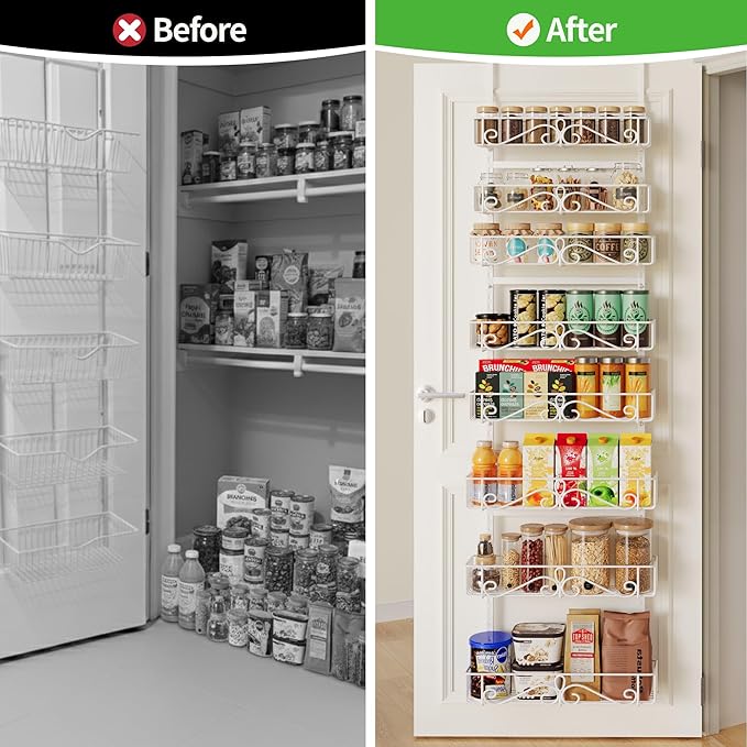 Over the Door Pantry Organizer - 8-Tier Adjustable Pantry Organization And Storage, Metal Hanging Door Spice Rack for Kitchen Pantry Organizers,White