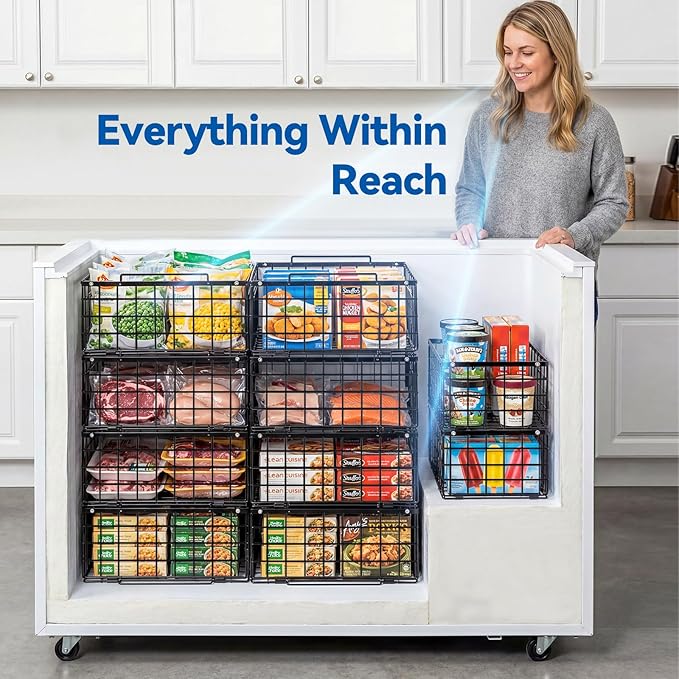 Reinforced Freezer Organizer Bins, 2 Pack Large Stackable Vertical Chest Deep Freezer Storage Containers, Thickened Black Wire Foldable Baskets with Handles