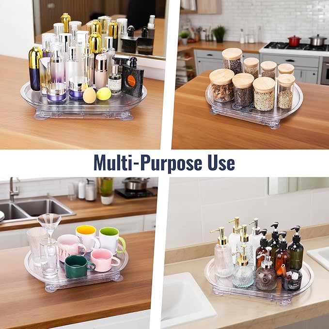 NiHome Refrigerator Lazy Susan Turntable Organizer 16.5"x11"x1.85", 180° Smooth Rotation Clear Plastic Shelf Tray with Suction Cups, Space-Saving Fridge Storage Rack for Cabinets, Pantry, Countertop