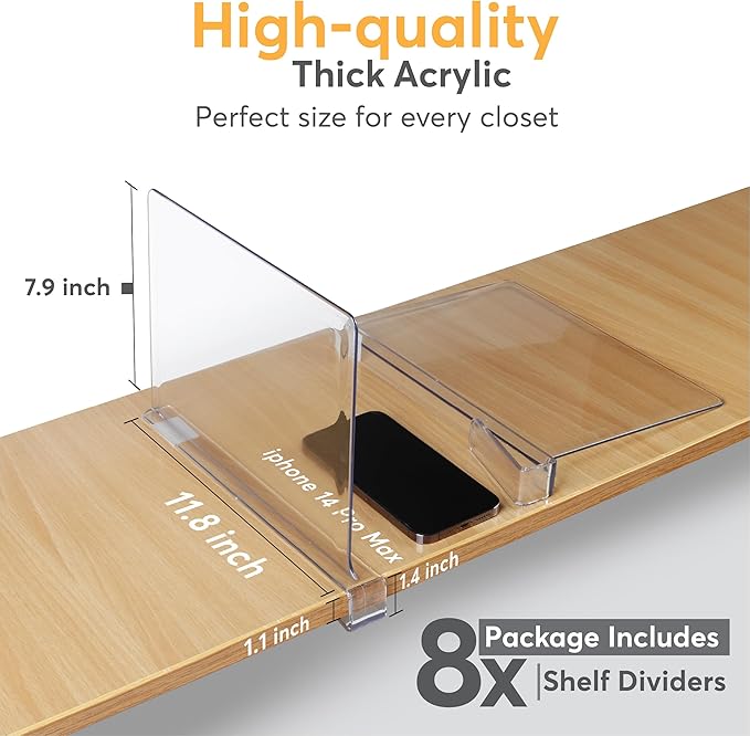 8 Pack Acrylic Shelf Dividers for Closet 11x7.9 Inch โ Acrylic Dividers for Shelves Clear Closet Shelf Separators for Purses, Clothes Storage โ Vertical Bookshelf Dividers for Bedroom & Kitchen