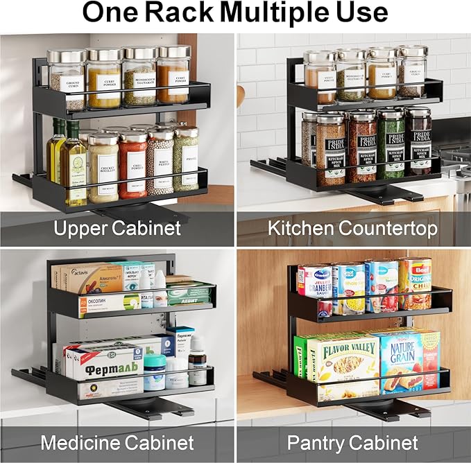 iSPECLE Spice Rack Organizer for Cabinet - 1 Pack Rotate Pull Out Spice Racks for Easy Access, Adjust Height to Fit 4 oz to 8 oz Spice Jars, Peel and Stick, 10.2" D for Inside Cabinet
