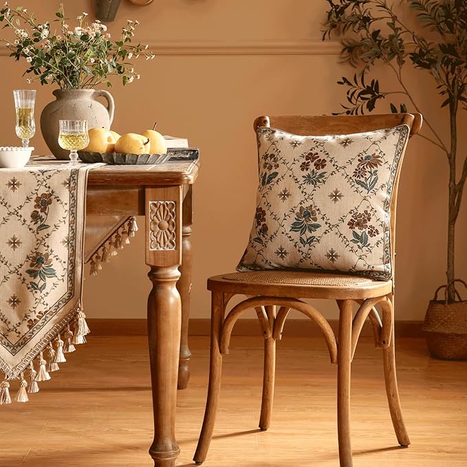 patdrea Designer Throw Pillow Covers,Square Euro Retro Style Light Brown Linen with Floral Pattern Pillow Cover,Decorative Pillowcases Cushion for Bed Living Room Outdoor Car,18"x18"