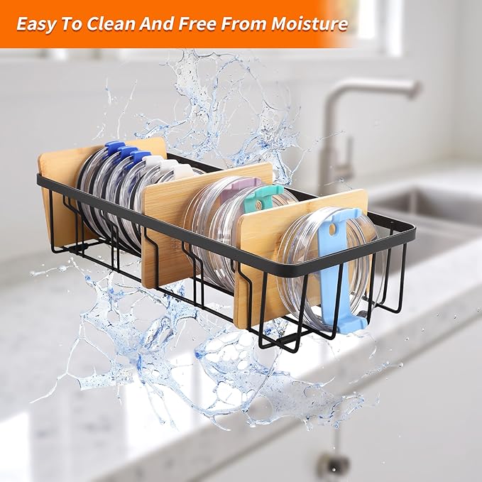 2-Pack Adjustable Lid Organizers - Large Kitchen Cabinet Organizer for Food Storage Container and Tumbler Cup Lids with 6 Bamboo Dividers - Organizers in Kitchen/Pantry/Laundry Room(Size:S+L)