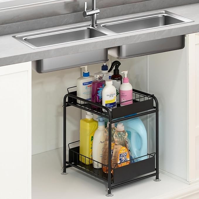 Basicwise Under Sink Organizer Sliding Wire Baskets Adjustable 2-Tier Metal Storage Rack for Bathroom Kitchen or Utility Cabinets Pull-Out Shelf for Cleaning Supplies & Pantry Essentials, Set of 2