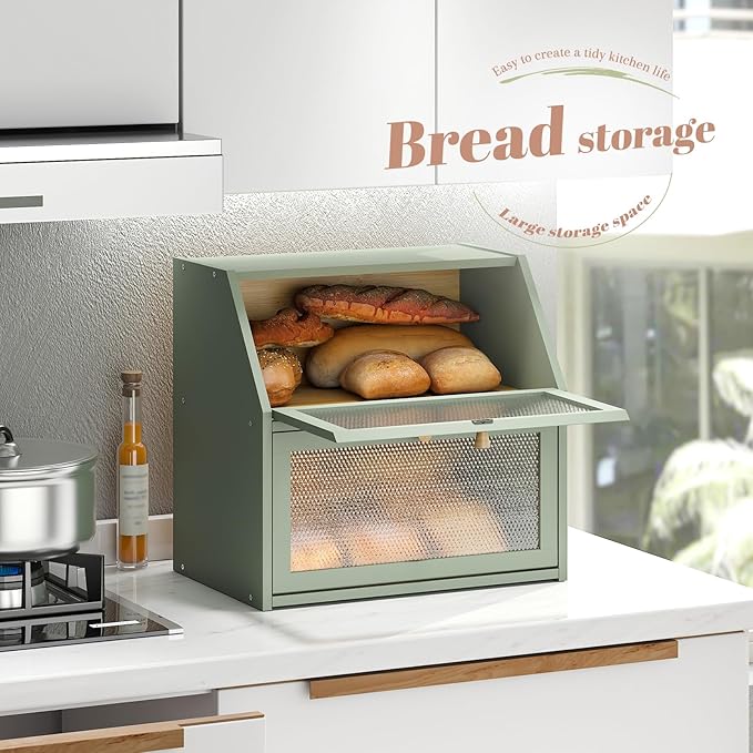 Bread Box for Kitchen Countertop Bin Double Layer Bread Box Storage Container Extra Large Capacity Farmhouse with Diamond Pattern Windows (Green, Extra Large)