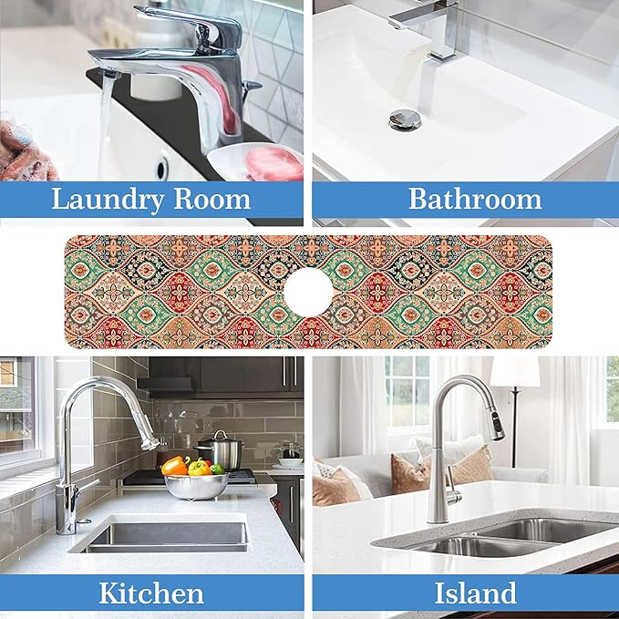 Faucet Mat Splash Guard Boho Rug, Soft Diatom Mud Material, Strong Water Absorption, Non-slip,Easy to Clean for Bathroom, Kitchen 23.5"X5.5"