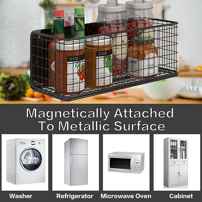 LIFEFAN Magnetic Basket Fridge Large Magnetic Pen Holder Whiteboard Metal Wire Basket Storage Item Organizer (Black-High)