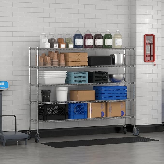 Commercial NSF Listed Chrome Mobile Wire Shelving Kit 14" x 72" x 60", with 5 Shelves Perfect for Warehouse, Walk-in Refrigerator, Freezer, Grocery Store, Restaurant, Dishroom