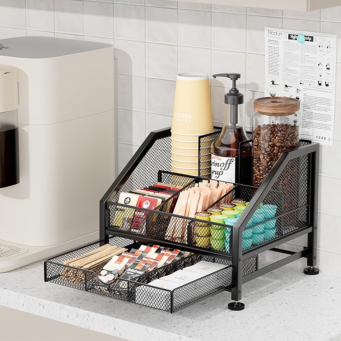SWTYMIKI Coffee Bar Organizer for Countertop – Space-Saving Kcup Organizer with Drawer and Tiered Shelves, Countertop Coffee Station for Pods, Sugar, Syrup, Cups, Stirrers, Mesh Condiment Storage