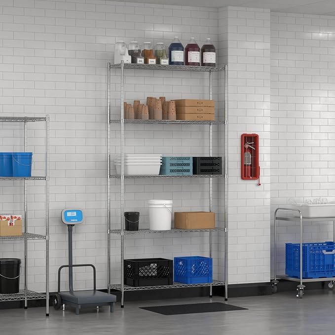 Commercial NSF Listed Chrome Stationary Wire Shelving Kit 14" x 48" x 96", with 5 Shelves Perfect for Warehouse, Walk-in Refrigerator, Freezer, Grocery Store, Restaurant, Dishroom