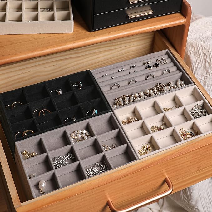 Frebeauty Jewelry Organizer Tray,Stackable Velvet Jewelry Trays,Drawer Inserts Earring Organizer For Women Jewelry Storage Display Case for Rings Stud Necklaces,Set of 6(Pink)