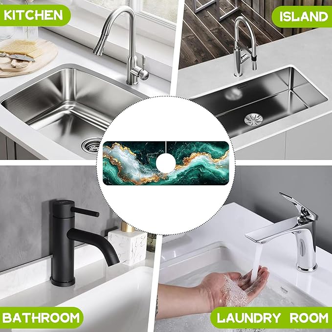 Emerald and Gold Marble Texture Kitchen Sink Splash Guard Faucet Mat Super Absorbent Fast Drying Mat Guard Behind Faucet Drip Catcher for Kitchen Bathroom, 15.5"X5.5"