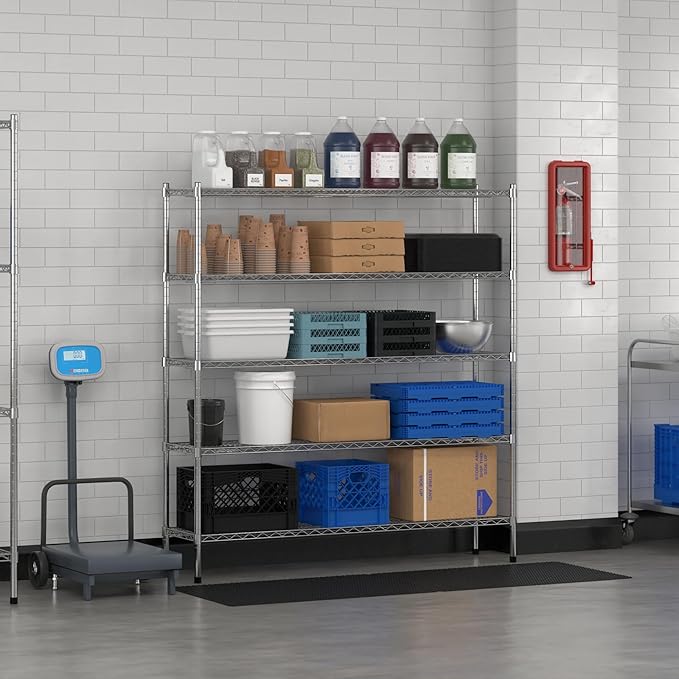 Commercial NSF Listed Chrome Stationary Wire Shelving Kit 14" x 60" x 64", with 5 Shelves Perfect for Warehouse, Walk-in Refrigerator, Freezer, Grocery Store, Restaurant, Dishroom