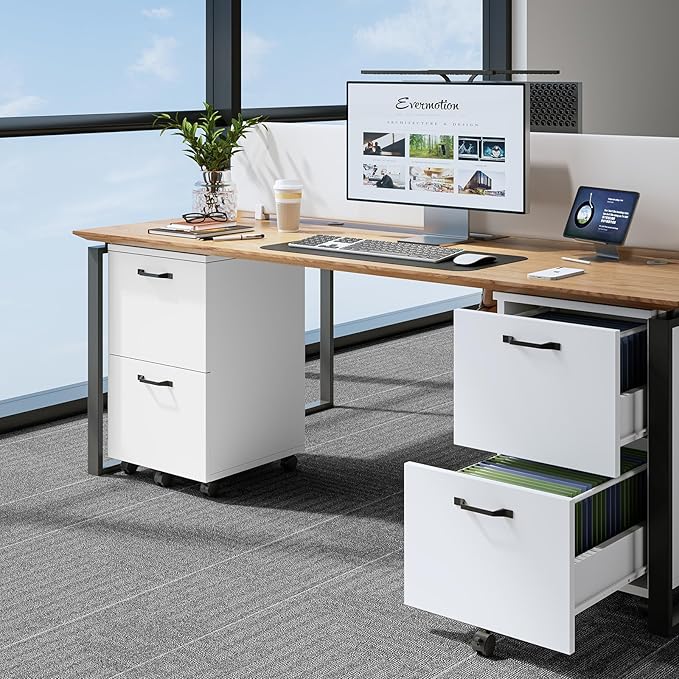 Sweetcrispy 2 Drawer Filing Cabinet White, Rolling Wood File Cabinets with Printer Stand Under Desk Storage Lockable Wheels, Home Office Organizer for A4 Letter Legal Size Documents