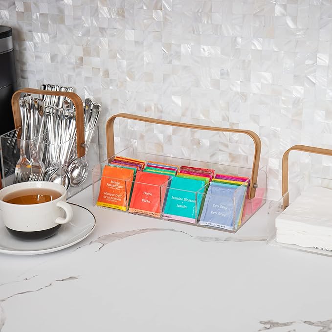 Mind Reader Tea Bag Organizer, Tea Station, Countertop, Caddy, Rayon from Bamboo and Acrylic, 11.75"L x 6"W x 6"H, Brown