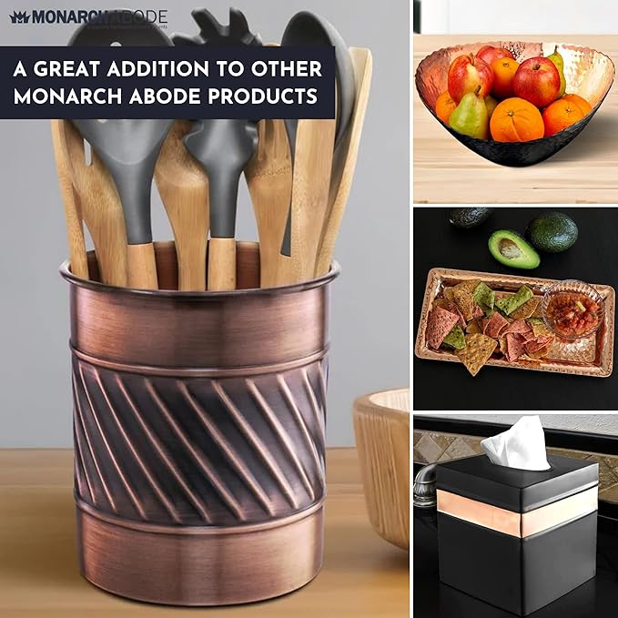 Monarch Abode Kitchen Utensil Holder – Wave Embossed Metal Nickel Chrome Utensil Holder, Decorative Utensil Crock for Kitchen Counter, Cooking Tool and Spatula Holder for Countertop, Caddy Organizer