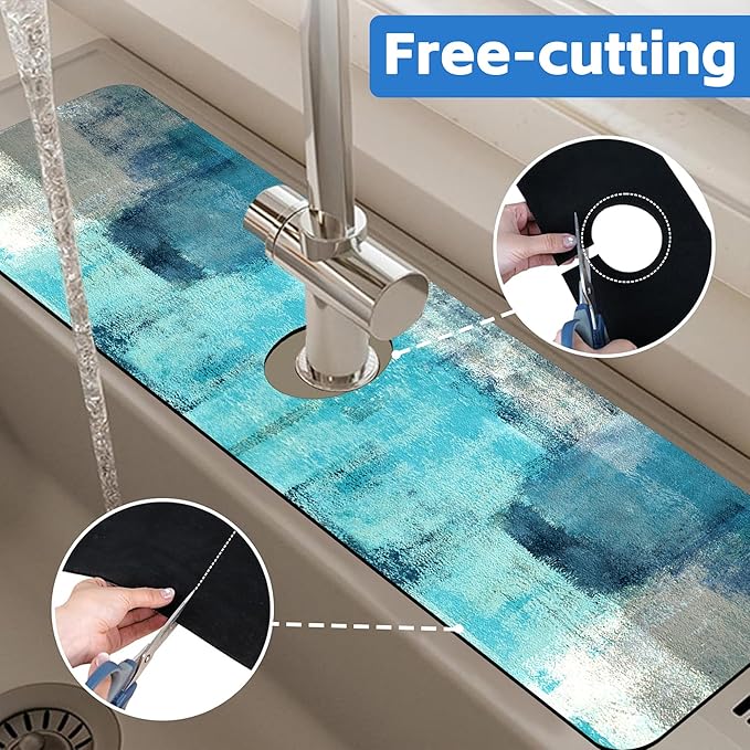 Kitchen Sink Splash Guard Faucet Mat Abstract Teal and Grey Geometric Absorbent Fast Drying Mat Faucet Draining Mat Sink Splash Guard Behind Faucet Drip Catcher for Kitchen Bathroom 24" X 5.5"